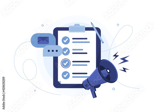 Clipboard or to do list with megaphone in flat design on white background
