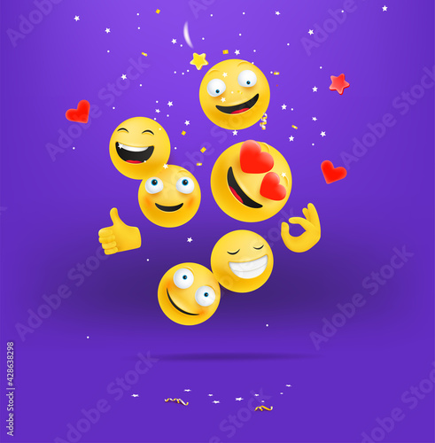 Happy emojis falling down concept. Smiling and laughing emoticons crowd