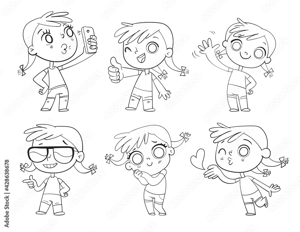 Cute girl with different emotions. Coloring book Cute girl with different emotions. Coloring book