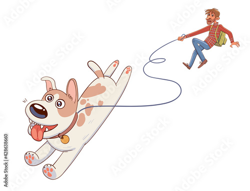 Dog pulls the leash with its owner. Funny cartoon character. Isolated