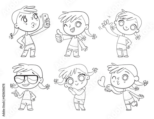 Cute girl with different emotions. Coloring book