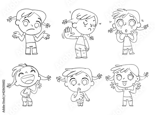 Cute girl with different emotions. Coloring book