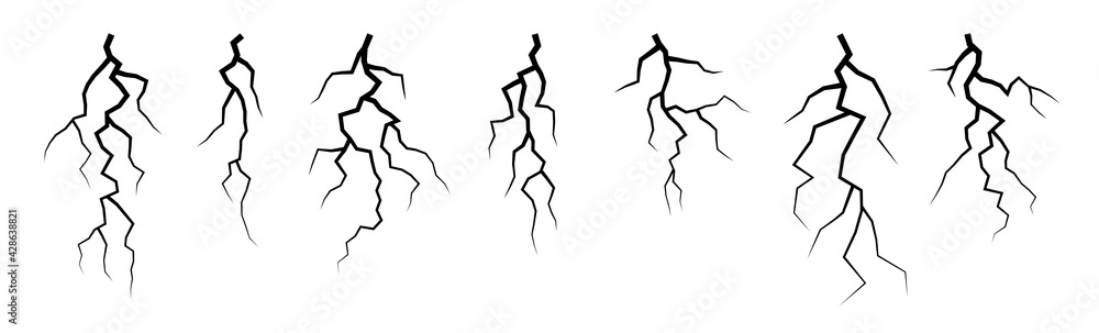 Vector lightning silhouettes set. Elements for thunderstorm design.