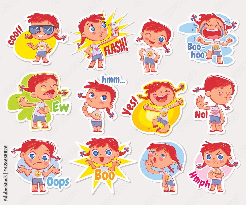 Emoji with cute girl. Stickers for online communication
