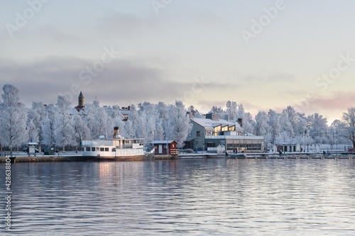 View of the frosty harbor in Östersund