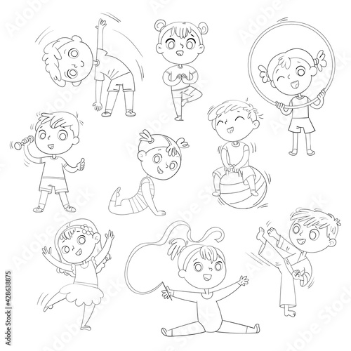 Sport for kids. Physical Training, Fitness, Karate, Yoga, Aerobics, Gymnastics, Dancing. Coloring book