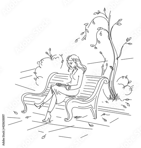 Girl reading a book sitting on the bench in autumn park. Freehand drawing