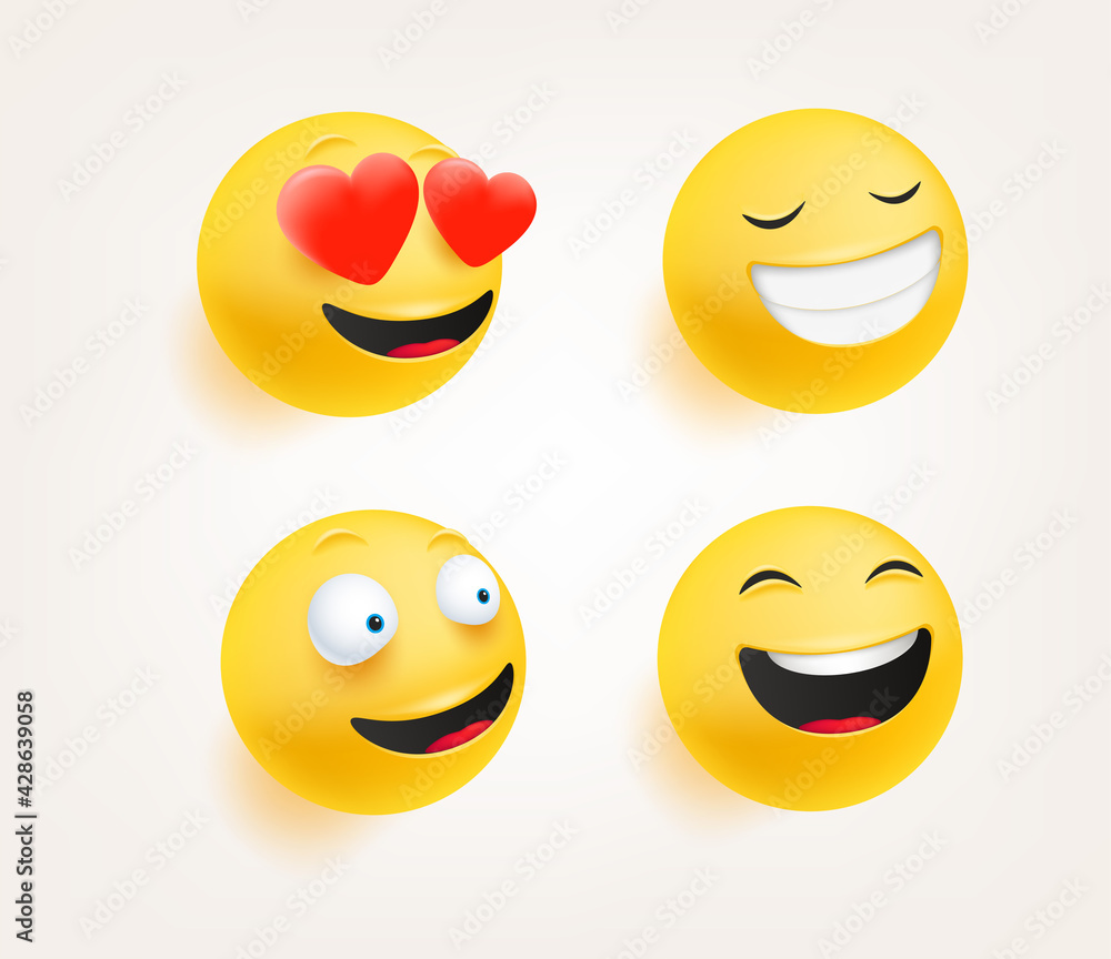 Fototapeta premium Emoticons in cute 3d style vector set isolated on white. Love, laugh, smiling