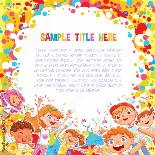 Kids have fun jumping and dancing on confetti background. Advertising holiday template