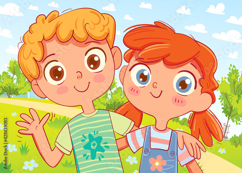 Boy and girl are smiling, waving at the camera and hugging against the backdrop of nature