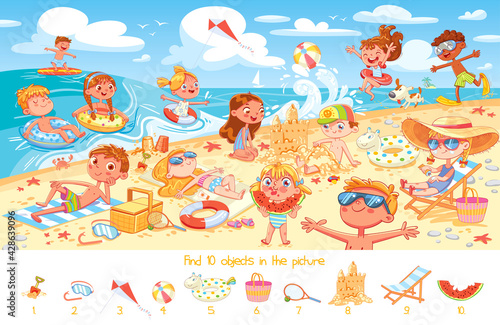 Find 10 objects in the picture. Group of kids having fun on beach