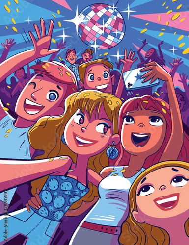 Smiling friends dancing and take a selfie in club