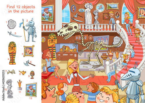 Guide gives children a tour of Natural History Museum. Find 12 objects in the picture