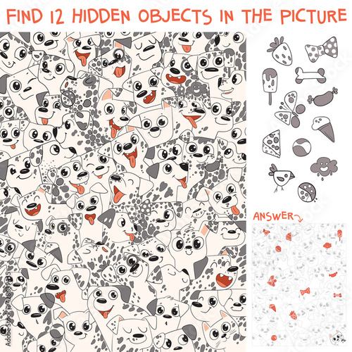 Pattern of Dalmatian puppies. Find 12 hidden objects