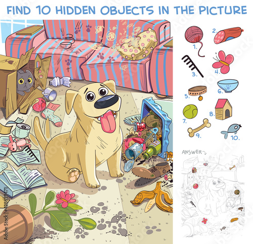Destroyer. Pet made a mess in the house. Dog is waiting for the return of its owner at home. Find 10 hidden objects in the picture. Puzzle Hidden Items. Funny cartoon character
