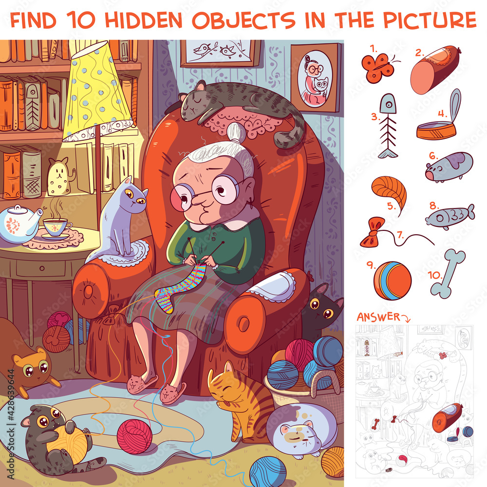 Grandmother sitting on the armchair and knits socks surrounded by her cats. Find hidden objects