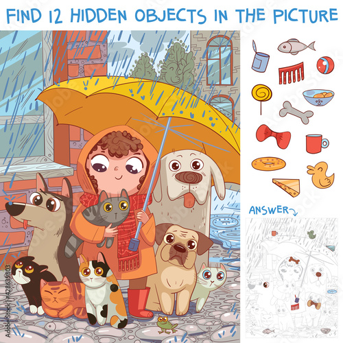 Find hidden objects. Under umbrella. Little girl protects homeless pets from rain