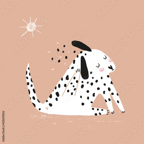 Funny Nursery Vector Art with Cute Dalmatian Puppy. Sweet Hand Drawn Dotted Dog isolated on a Blush Brown Background. Lovely Illustration for Dogs Lovers.