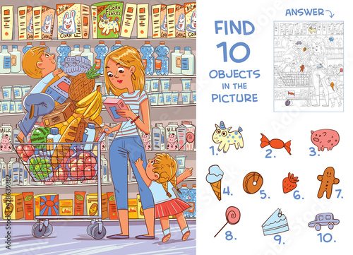 Find objects in the picture. Mother and two young children are shopping in a supermarket