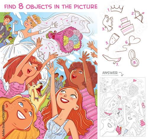Find 8 objects in the picture. Bridesmaids catch a bride's bouquet at a wedding