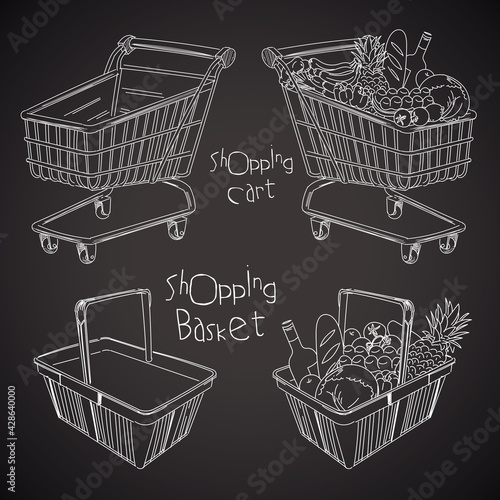 Shopping basket and Shopping cart. Empty and full. Drawing on a blackboard