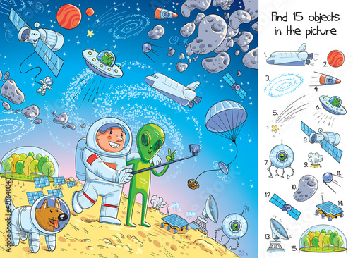 Space adventure. Find 15 objects in a picture