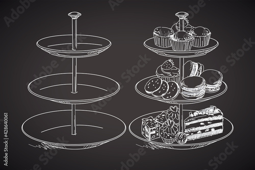 Three tiered plate. Drawing on a blackboard. Vector illustration