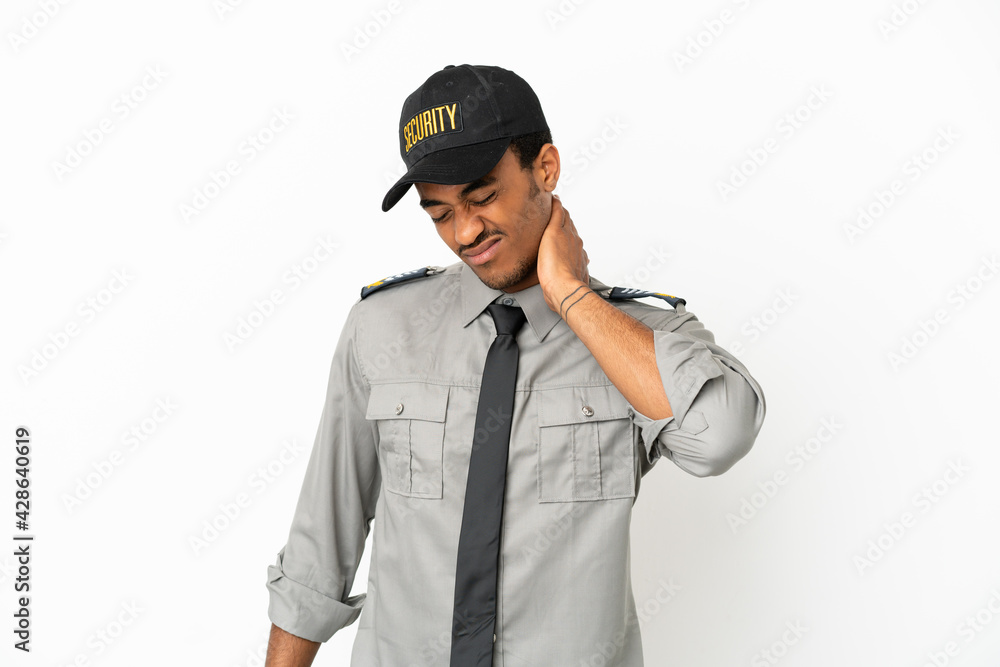 African American safeguard over isolated white background with neckache African American safeguard over isolated white background with neckache
