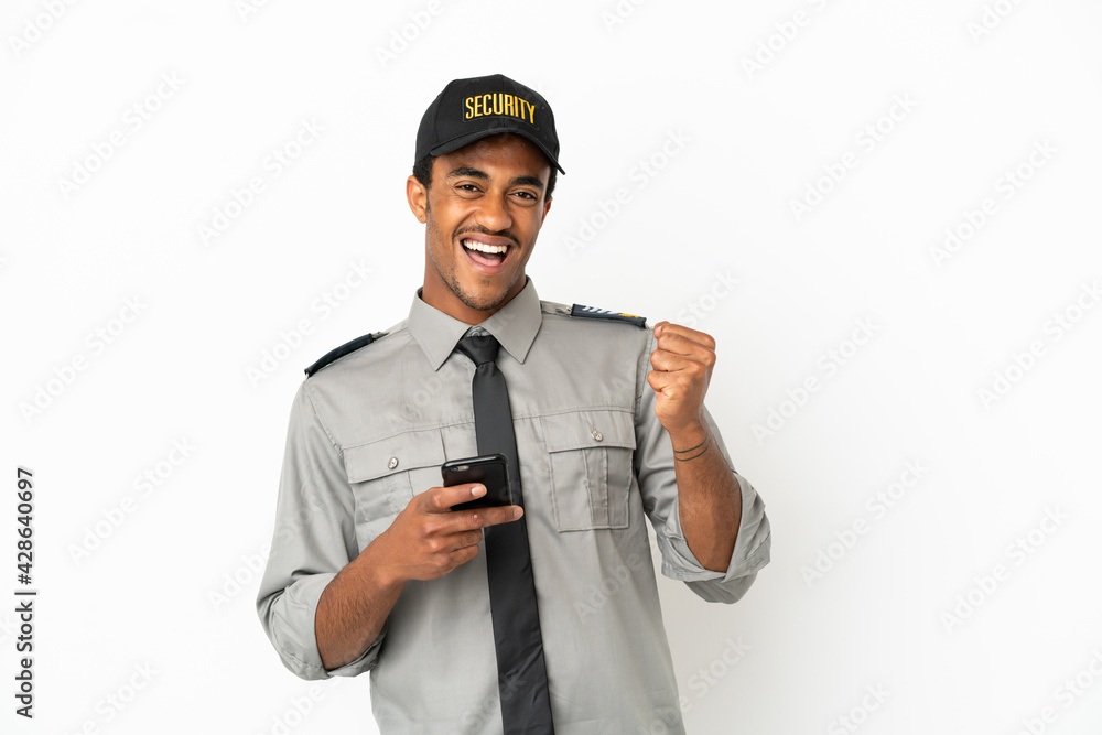 African American safeguard over isolated white background with phone in victory position