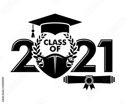 Class of 2021 for greeting, invitation card. Text for graduation design, congratulation event, T-shirt, party, high school or college graduate. Illustration, vector on transparent and black background