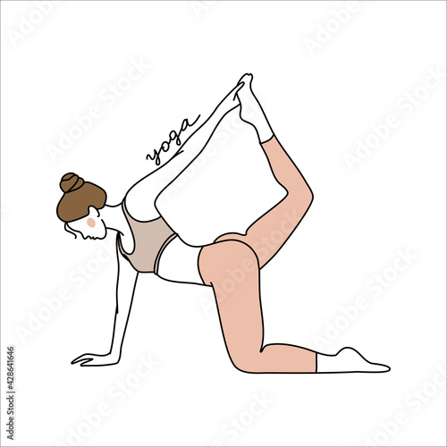 A young faceless girl performs stretching yoga exercises. Pilates, healthy lifestyle. Linear style. Vector illustration isolated on white background. For business cards, posters, web