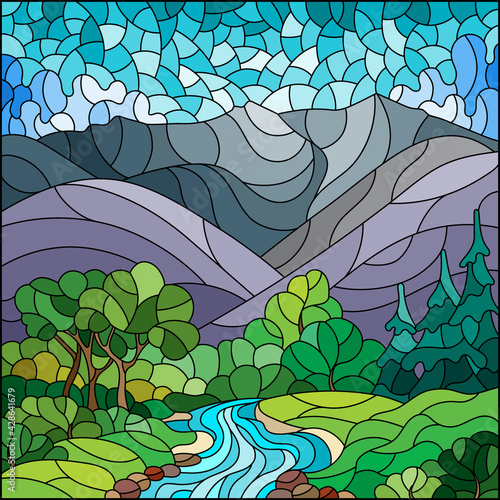 Illustration in the style of a stained glass window with an autumn landscape, a stream, trees and bushes against the background of mountains and the sky