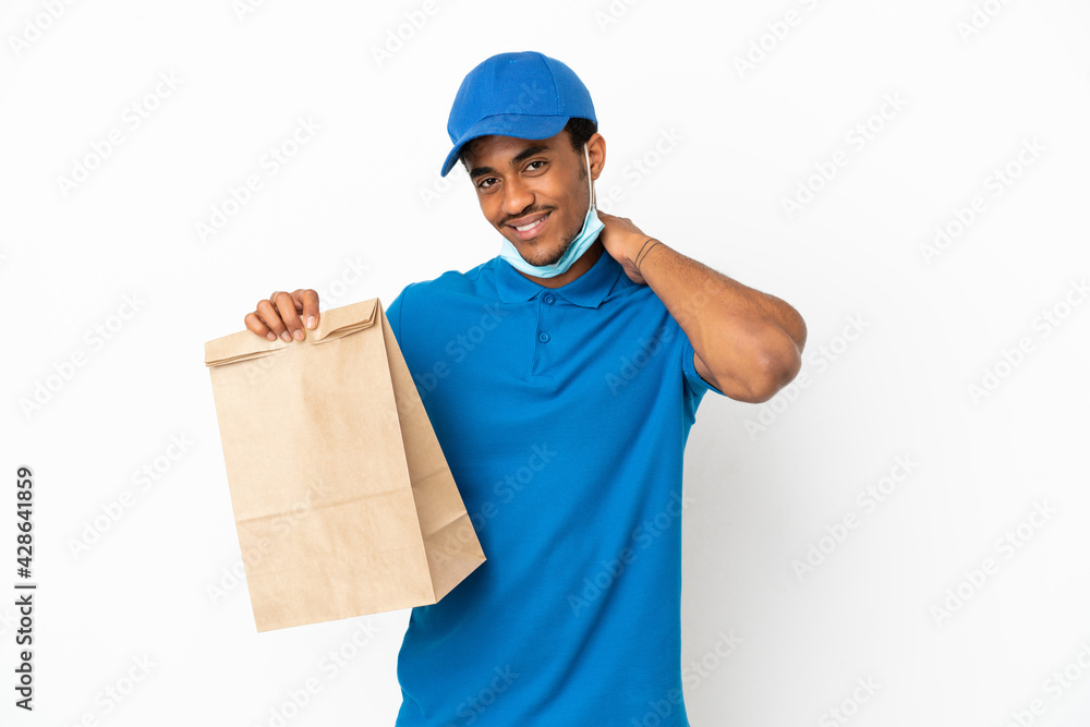 African American man taking a bag of takeaway food isolated on white background laughing African American man taking a bag of takeaway food isolated on white background laughing