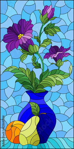 Illustration in the style of a stained glass window with a floral still life, a vase with purple flowers and fruits on a blue background