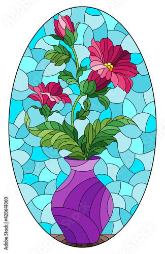 Illustration in the style of a stained glass window with a floral still life, a vase with pink  flowers  on a blue background, oval image 