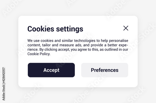 Cookies settings popup template. Isolated cookie preferences card on white background. Editable UI element. Allow or accept all cookies pop-ups. Web interface vector design illustration. photo
