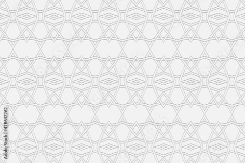 Volumetric convex white background. 3d embossed geometric pattern with intertwining lines and shapes. Ethnic minimalistic elements. Decorative exotic folk ornament.