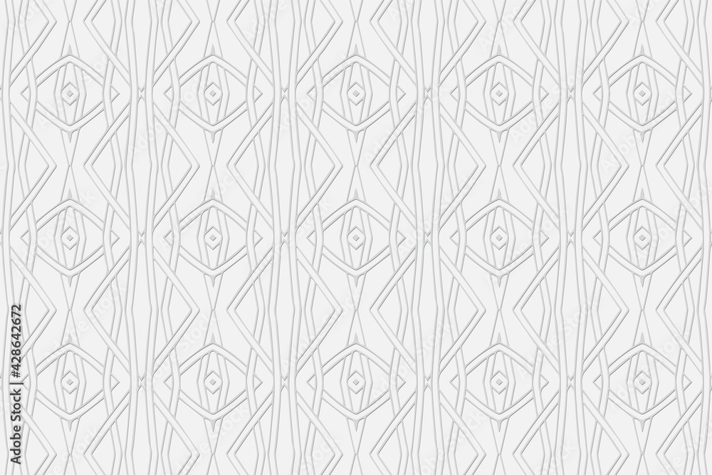 Volumetric convex white background. 3d embossed geometric pattern with intertwining lines and shapes. Ethnic minimalistic elements. Fashionable graceful ornament for wallpaper, textiles.