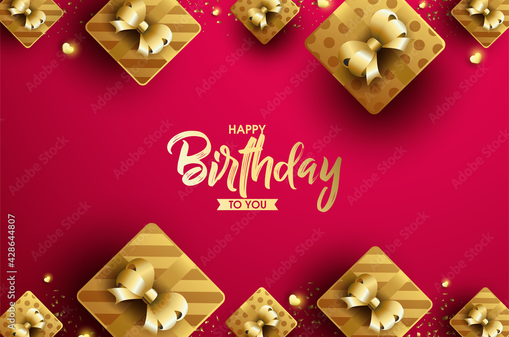 Happy Birthday background with an illustration of a gold 3d gift box ...