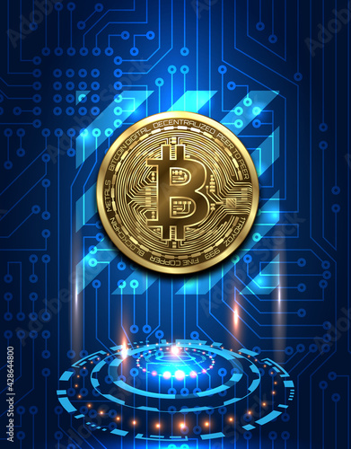 Bitcoin, btc sign icon, technology banner with cryptocurrency symbol