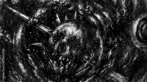 Dark skull of corpse the screaming. Black and white illustration in horror fantasy genre. Scary background of remains. Burnt bones in ash and dirt. Gloomy character concept art. Coal and noise effect.