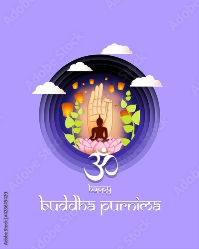 Indian Buddha Purnima festival with text, illustration is showing Buddha seating and absorbed in meditation