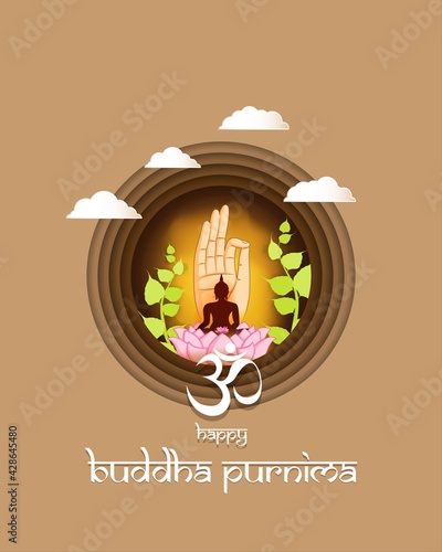 Indian Buddha Purnima festival with text, illustration is showing Buddha seating and absorbed in meditation