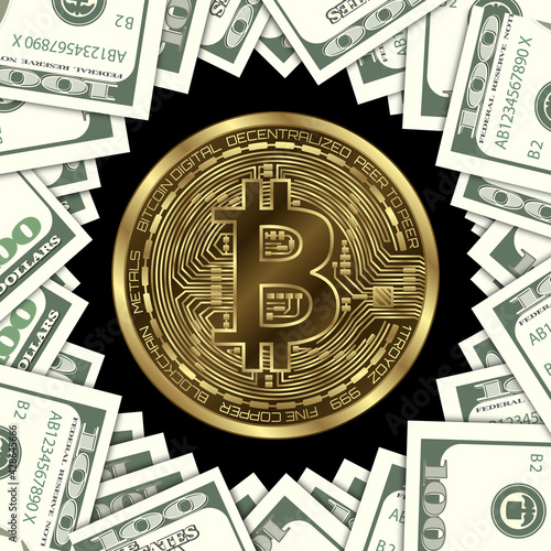 Bitcoin (BTC) currency against dollar banknotes. Digital and physical currencies