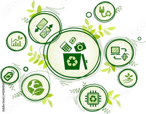 Electronic waste recycling vector illustration. Concept with connected icons related to e-waste, responsible disposal of old electronics, phones and equipment, recyclable resources in electrical scrap