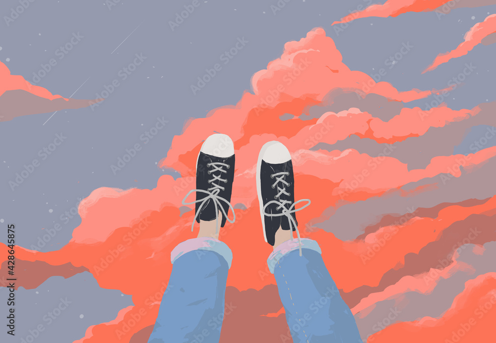 Teenage legs raised up and pointing to the sky in casual outfit jeans and classic black sneaker, life is freedom / easy sunday vibe concept illustration, flat digital paint dry brush style Teenage legs raised up and pointing to the sky in casual outfit jeans and classic black sneaker, life is freedom / easy sunday vibe concept illustration, flat digital paint dry brush style