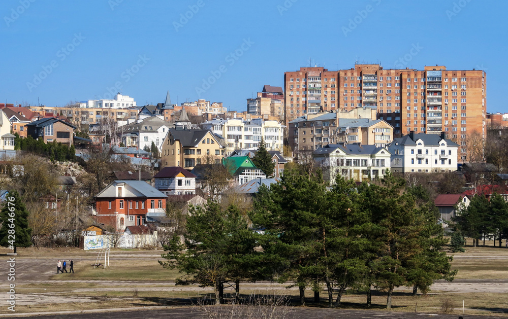 Fototapeta premium Village houses on a hill against a blue sky. Meadow with trees and grass in the field in front of the house. Horizontal village landscape with summer sunny day.