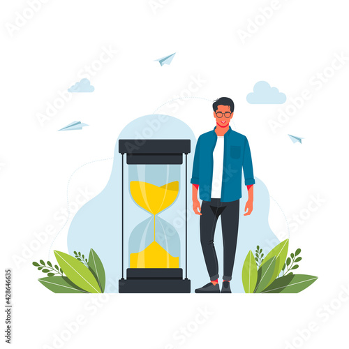Hurrying man and hourglass. Concept of time management, effective planning for productive work, stressful task, deadline, countdown. Modern flat colorful vector illustration for poster, banner.