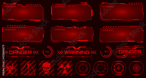 Futuristic background with warning message danger. Set Frames, target HUD display