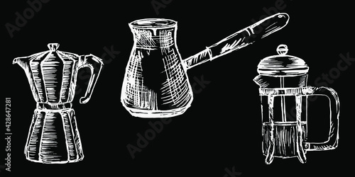 Set of hand drawn cookware on the blackboard. Coffee accessories. Coffee and Drinks. Silhouettes of kitchen utensils. Vintage style. Vector illustration eps-10